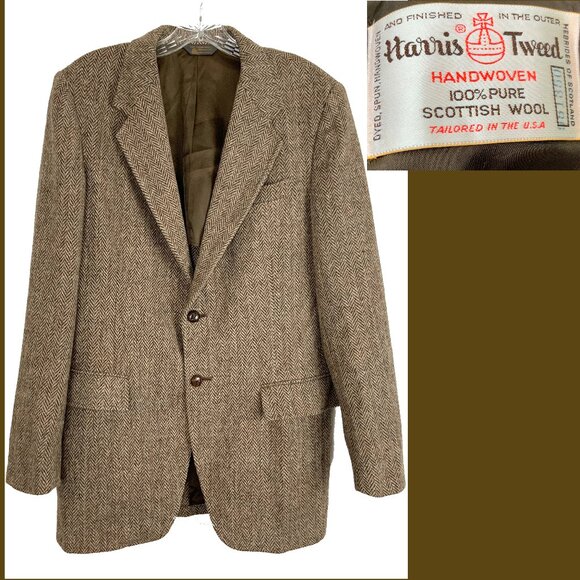 Vintage Harris Tweed Herringbone Scottish Wool Blazer Sports Jacket Brown Sz 40L